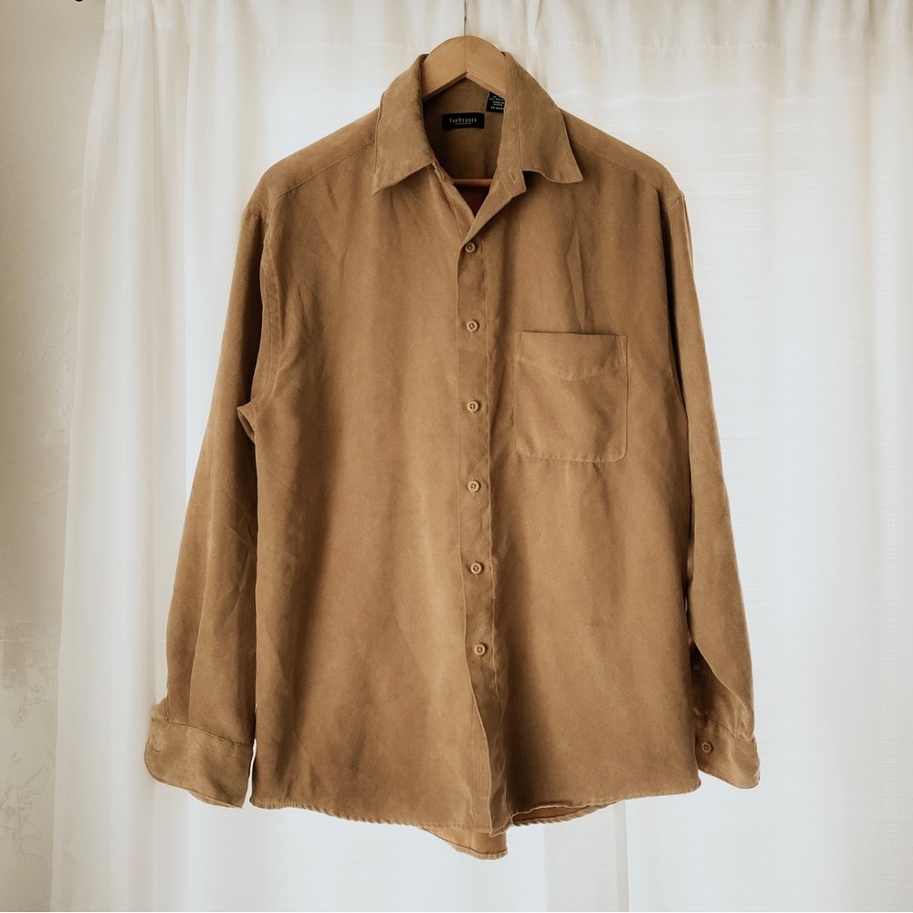Van Huesen Egyptian vintage button down faux suede tan men’s long sleeve shirt